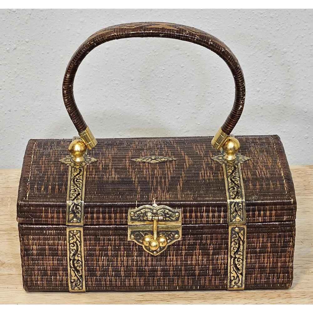 Traditional Vintage Yan Lipao Woven Handle Purse Bag W Velvet Lining‎ & Mirror
